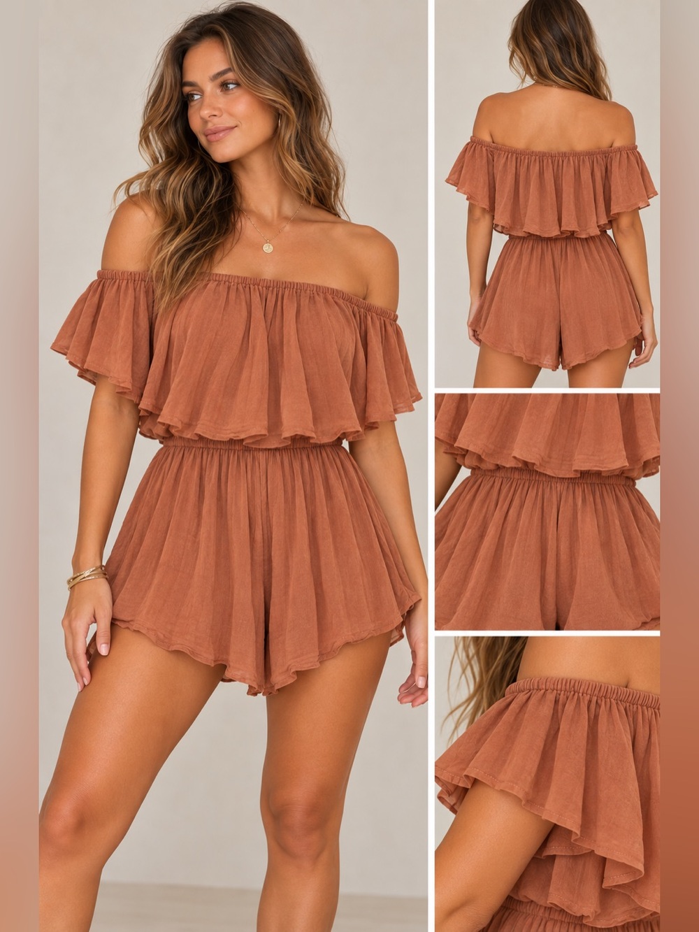 NWT Off-Shoulder Rust Wash Tan Lightweight Flowy Shorts Romper